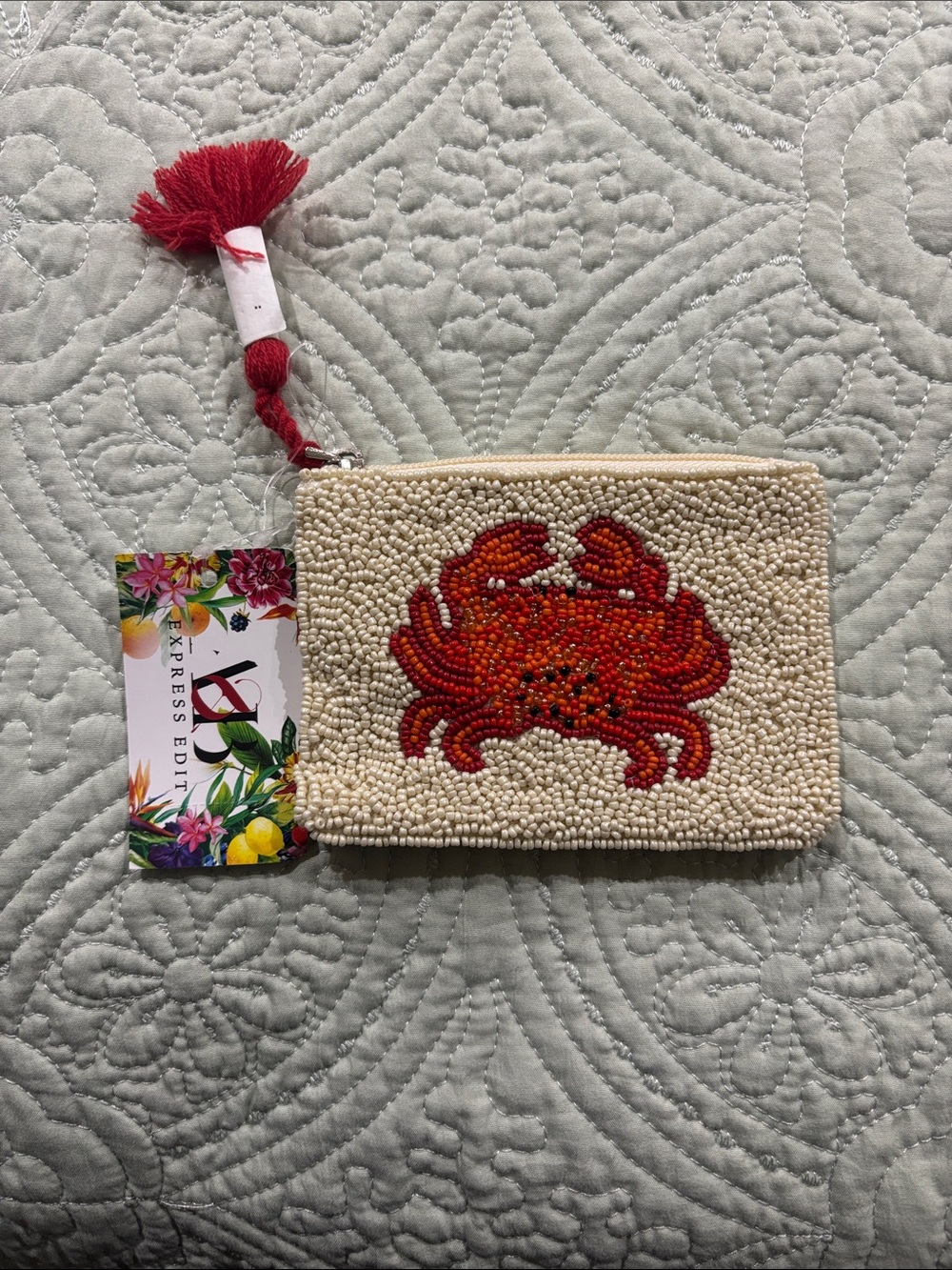 Express Edit Beaded Crab Clutch - Cream with Red Crab
